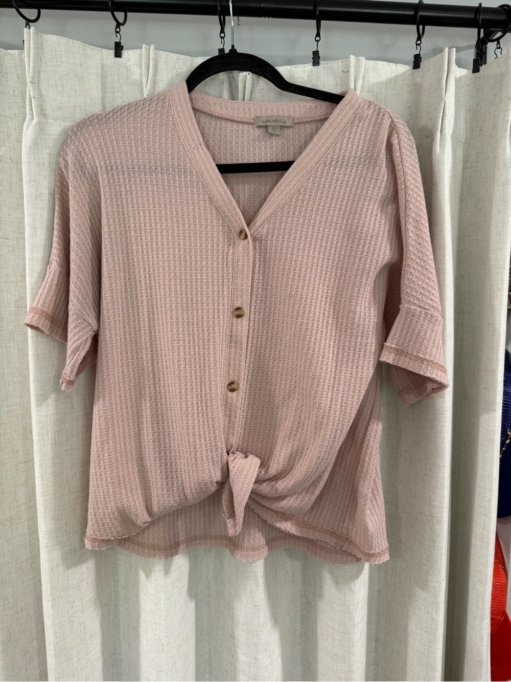 Wonderly Blush Pink Waffle Knit Button-Front Tie Top